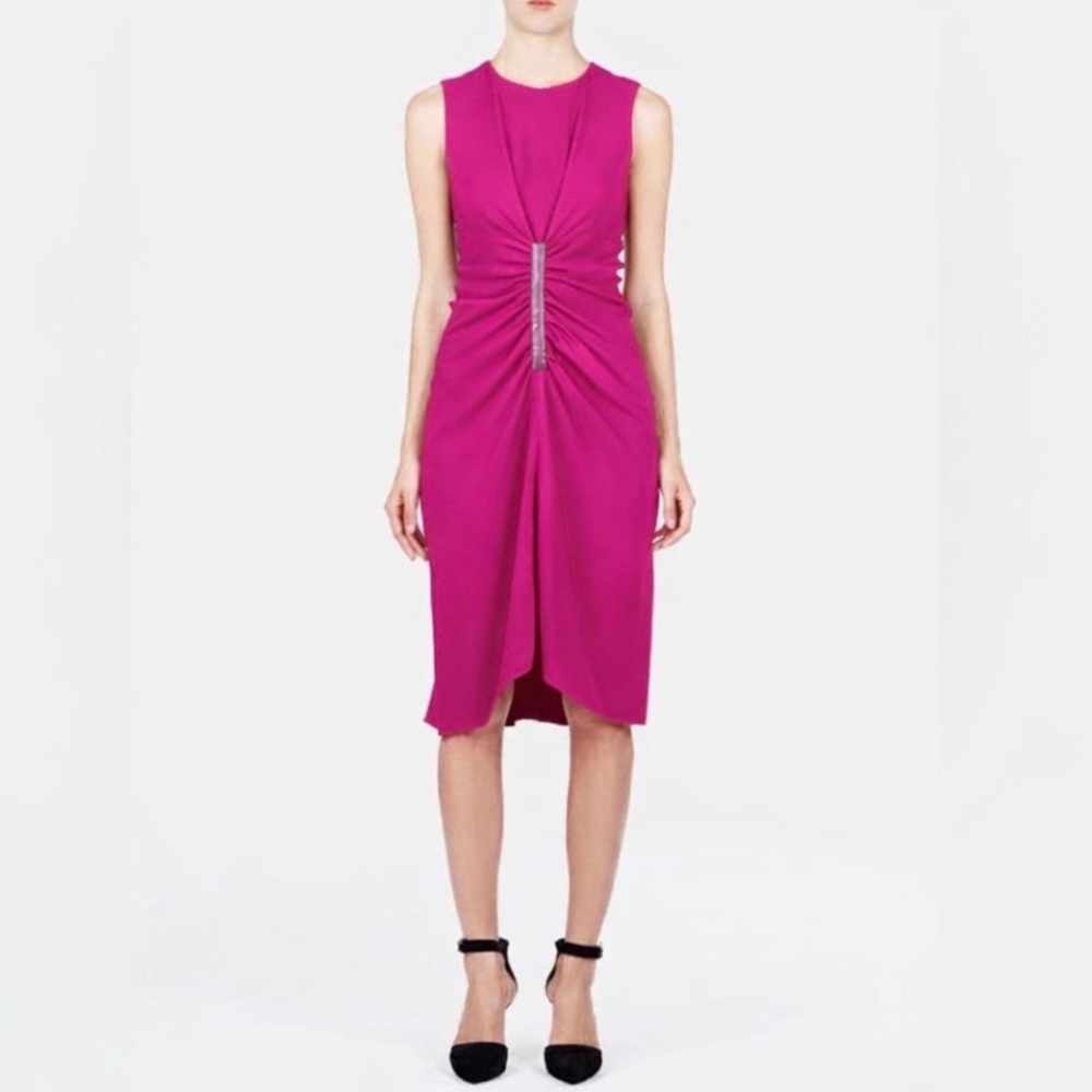 Reed Krakoff Midi Pencil Dress Sleeveless Fuchsia Pink, Lamb Leather Accents